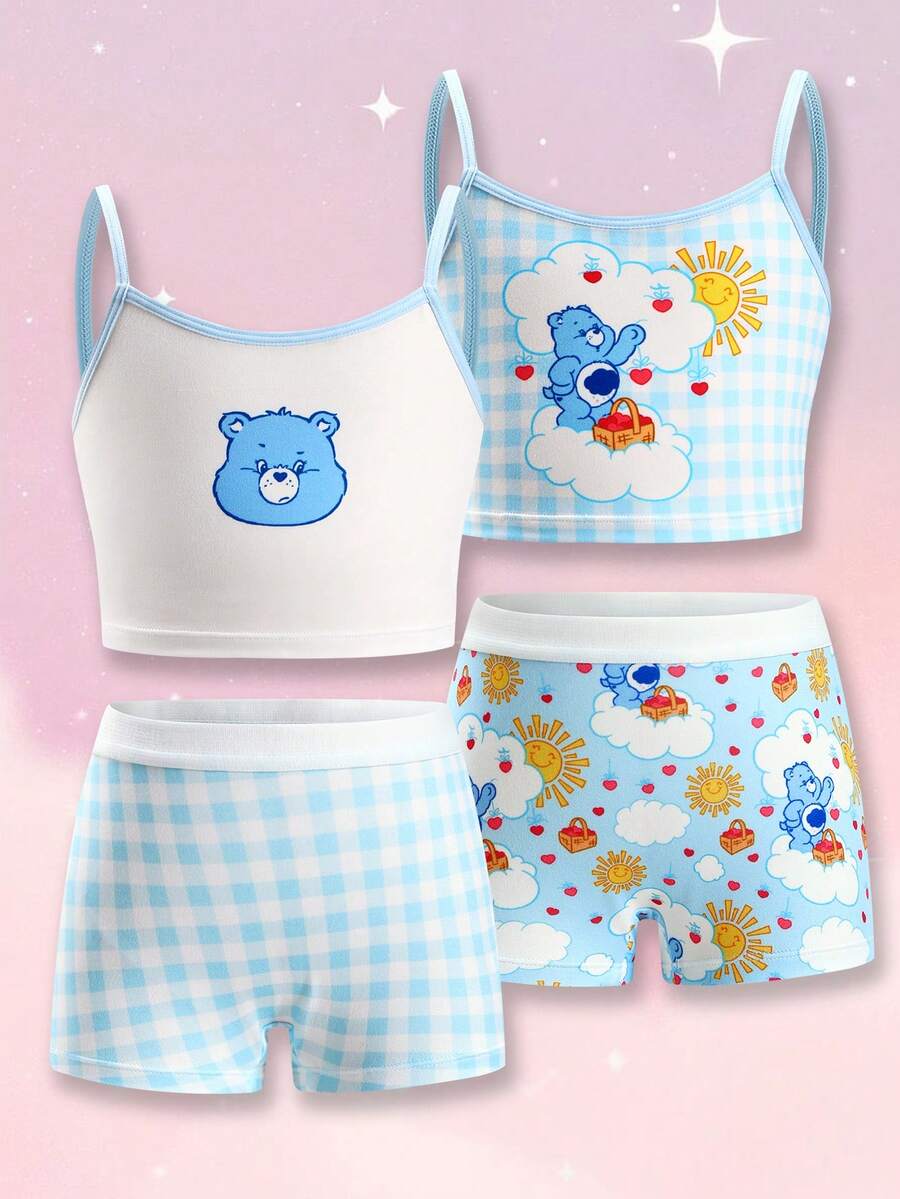 SHEIN X Care Bears Young Girl Cartoon Print Camisole Top And Hipster Panty Underwear Set - Blue and White - View 1