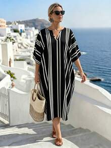 EMERY ROSE V-Neck Black And White Loose Fit Plus Size Dress Vacation Formal Summer Casual Baggy - Black - View 1