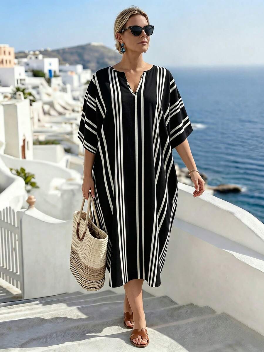 EMERY ROSE V-Neck Black And White Loose Fit Plus Size Dress Vacation Formal Summer Casual Baggy - Black - View 1