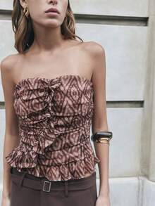 Nöista Top Bandeau Rosa & Marrón con Detalle de Volantes, Perfecto para Verano, Otoño, Playa y Fiesta. - Rosa Roja - Ver 3