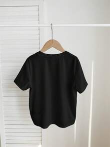 SHEIN Tween Girl Knitted Solid Color Crew Neck Fitted Casual T-Shirt - Black - View 2
