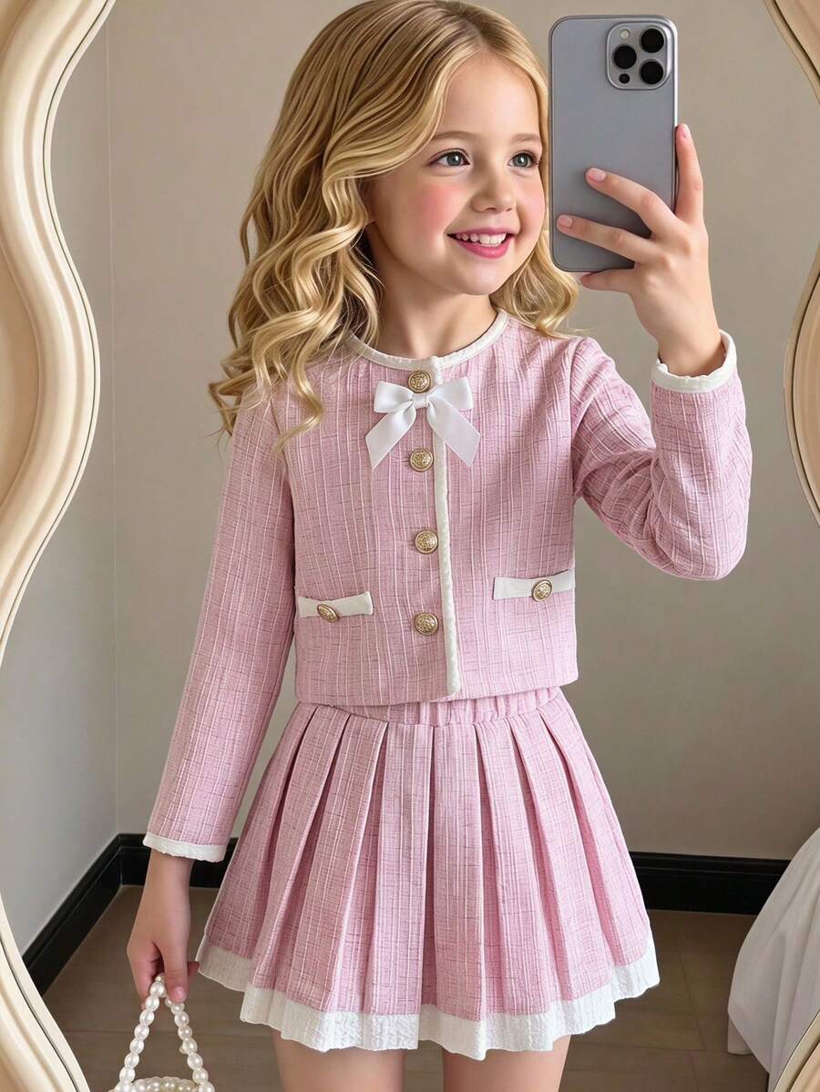 SHEIN X GALILEA 女童小女孩優雅通勤圓領拼色蝴蝶結夾克與裙子套裝