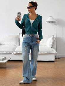 SHEIN EZwear 女款秋冬休閒短版運動衫 - 墨綠色 - 查看 3