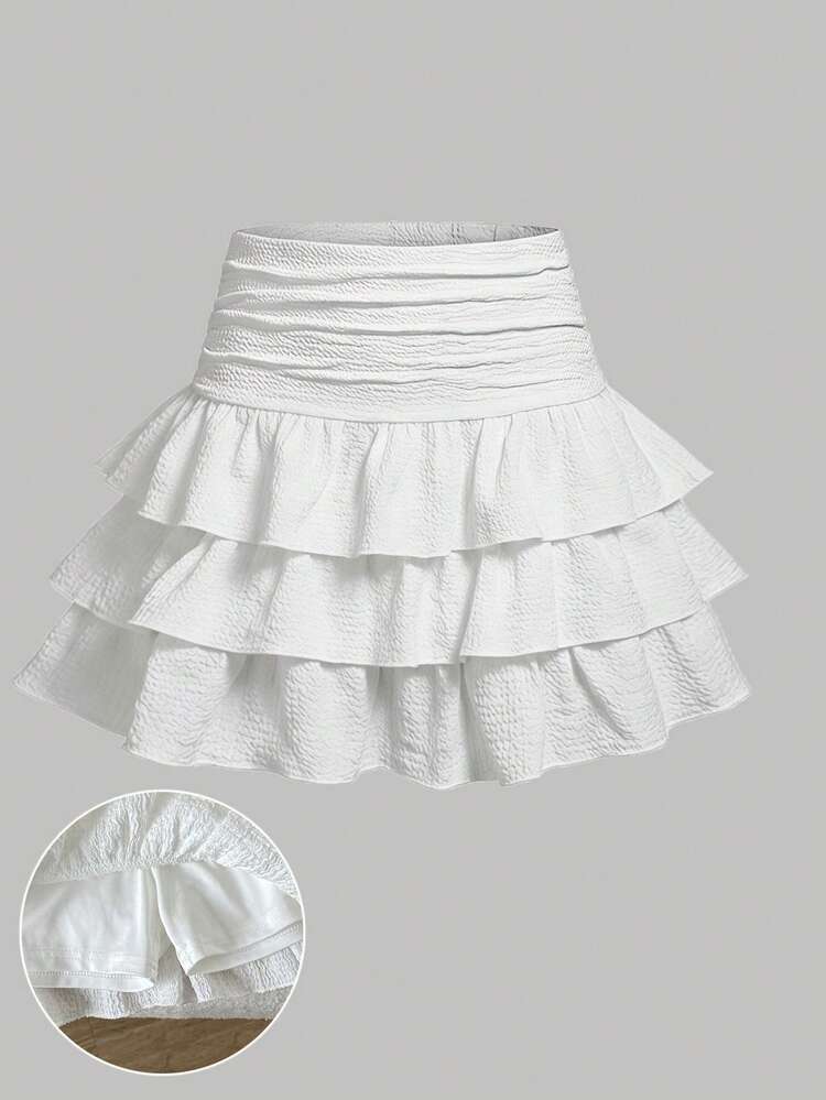 SHEIN Tween Girls Kids Casual Elegant Knitted Textured Striped Cute Multi-Layered Mini Cake Dress With Built-In Anti-Exposure Shorts, Y2K Young Fashion Outfit, Suitable For Back To School, Daily Wear, White Mini Skirt - White - View 1