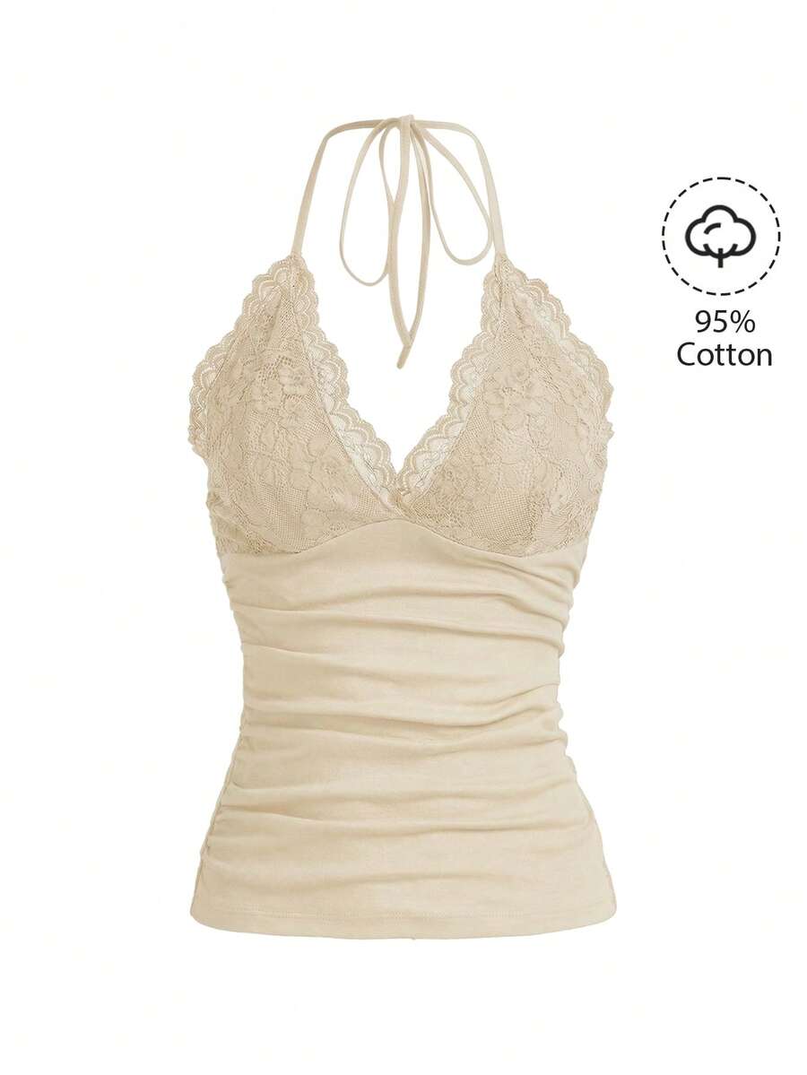 ROMWE PUNK Elegant Solid Color Lace Patchwork Backless Halter Top, Summer - Apricot - View 1