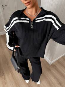 SHEIN Solid Ribbed Knit Contrast Stripe Quarter Zip Top & Wide Leg Pants Two Pieces Set - Black - View 5