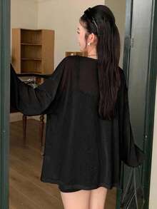 Dazy Plus Solid Color Loose Long Sleeve White Cover Up Open Front Plus Size Women Spring Summer Autumn Thin Jacket - Black - View 4