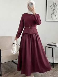 Solavon Women's Solid Color Pleated Casual Modest Elegant Party Everyday Bday Autumn Long Dress Dark Red - Burgundy - View 1