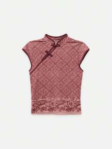 Nöista Short-Sleeved, Chinese-Style Stand-Up Collar, Diagonal Placket Top. - Red - View 9