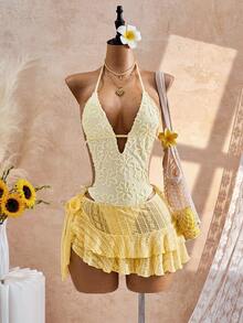 Bellisia 26SS Spring/Summer Vacation Beach Holiday Vacation Elegant Casual Polka Dot V-Neck Matching Skirt 2 Pieces Set White Floral - Yellow - View 1