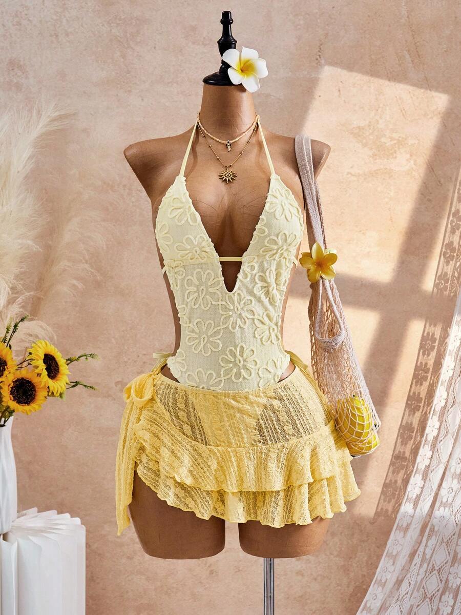 Bellisia 26SS Spring/Summer Vacation Beach Holiday Vacation Elegant Casual Polka Dot V-Neck Matching Skirt 2 Pieces Set White Floral - Yellow - View 1