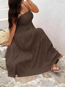 Sunnyshic Plus Size Women's Solid Color Pleated Casual Party Vacation Travel Spaghetti Strap Dress, Suitable For Summer - Brown - View 8
