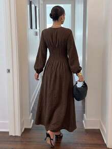 Firerie Women's Casual And Elegant Fitted Waist Long-Sleeved Dress, Burgundy Dress / Fitted Waist Dress / Linen Dress / Vintage Style Dress / Summer Dresses / Spring Outfit Women / Everyday Work Dress / Valentines Day Dress / Casual Dress For Women / Red Dresses For Women - Brown - View 2