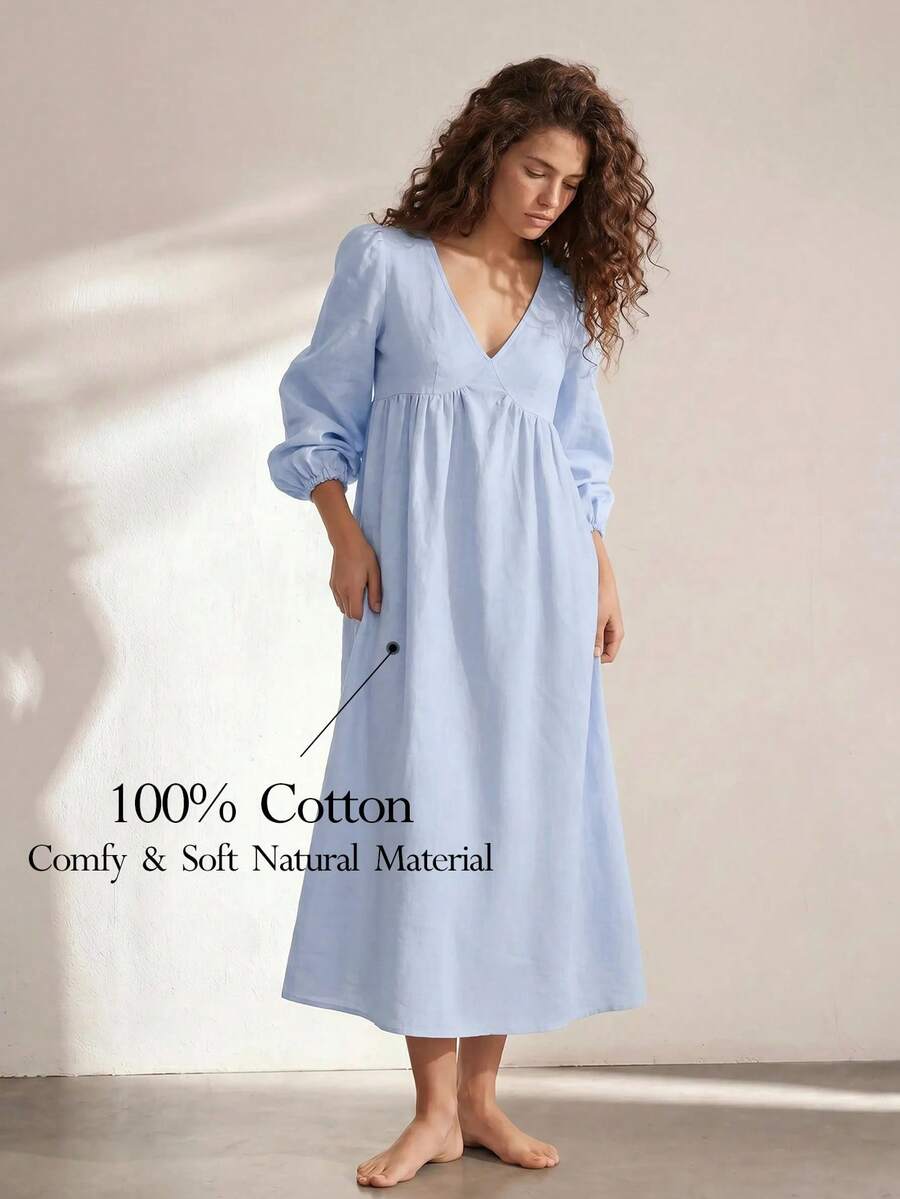 Ocili 女款簡約休閒居家與戶外 100% 純棉梭織燈籠袖 V 領長袖寬鬆長款睡袍 - 淺藍色 - 查看 1