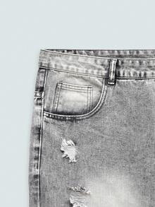 Plus Size Men's Fashionable Distressed Slant Pocket Washed Denim Jeans - Grey - View 8
