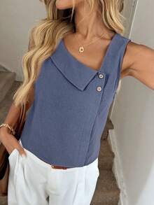 SHEIN LUNE Casual Solid Color Asymmetric Collar Sleeveless Shirt - Blue - View 3
