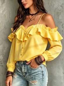 Glimmora Women's Elegant Daily Solid Color Ruffle Off-Shoulder Front Button Shirt Vacation Yellow Autumn - Yellow - View 2