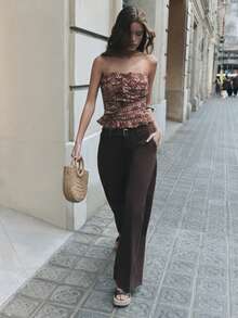 Nöista Top Bandeau Rosa & Marrón con Detalle de Volantes, Perfecto para Verano, Otoño, Playa y Fiesta. - Rosa Roja - Ver 6