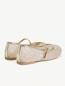 CUCCOO CHICEST 女款蕾絲網眼瑪麗珍鞋 夏季透氣扣帶平底鞋 日常通勤約會溫柔風鞋款 - 金色 - 查看 5