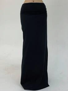 DAZY Women's Solid Color High Slit Skirt - Black - View 7