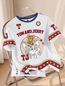 TOM & JERRY X SHEIN Kaos Wanita Kasual Musim Panas dengan Motif Kartun - Putih - View 1