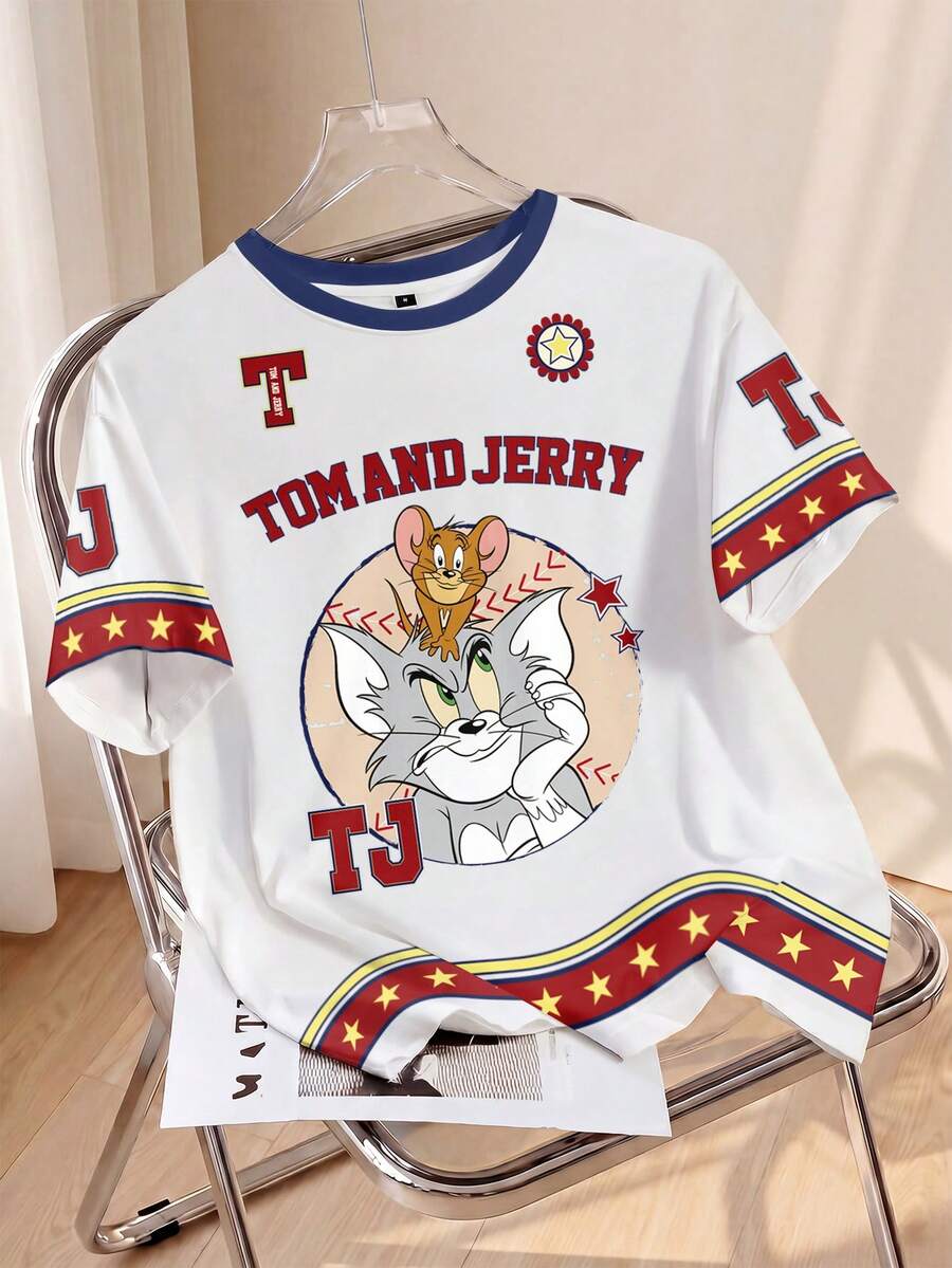 TOM & JERRY X SHEIN Kaos Wanita Kasual Musim Panas dengan Motif Kartun - Putih - View 1