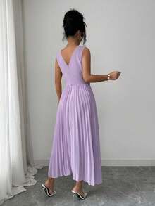 Elenzga Women's Elegant Romantic V-Neck Sleeveless Pleated Dress - Mauve Purple - View 2