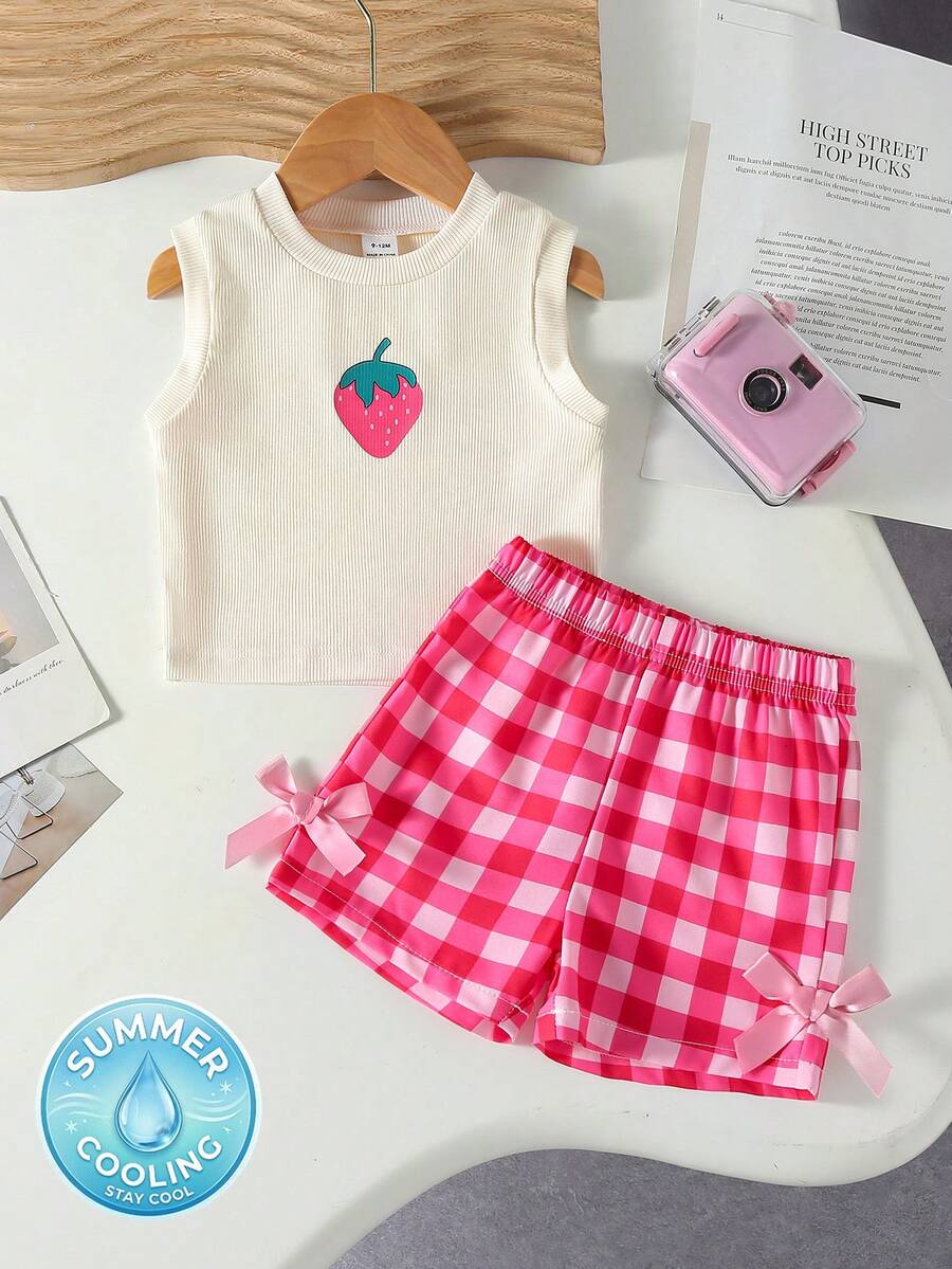 SHEIN Playful Pals 女嬰夏季杏色上衣與桃紅色格紋褲套裝,草莓圖案紋理無袖上衣配粉色蝴蝶結,日常穿著與外出必備 - 彩色 - 查看 1