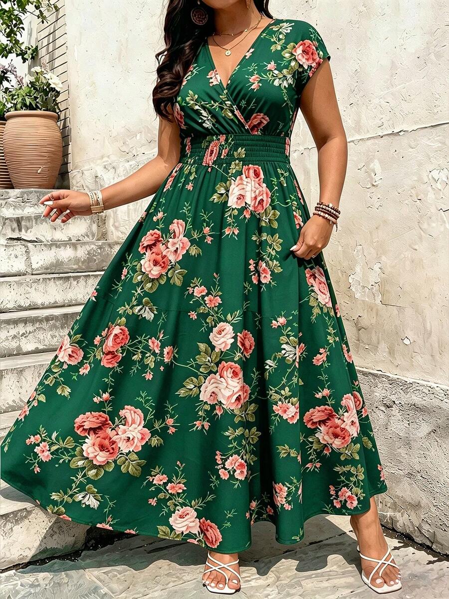 Breezaya Plus Size Women's New Printed Slimming Leg-Lengthening V-Neck Elastic Waist Summer Casual Vacation Style Dress - Multicolor - View 1