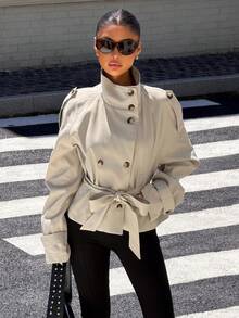 Muchica Women's Solid Color Stand Collar Waist Tie Fashion Versatile Daily Casual Trench Coat Jacket - Brown - View 1