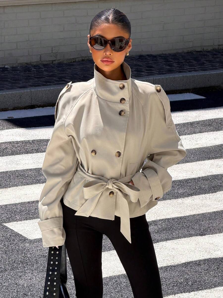 Muchica Women's Solid Color Stand Collar Waist Tie Fashion Versatile Daily Casual Trench Coat Jacket - Brown - View 1