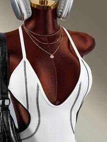 Amplova Women's Colorblock Cutout Sexy Athletic Romper Jumpsuit Workout Gym Fitness White And Black Backless Fashion Casual Sport Wear - White - View 6