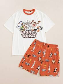 LOONEY TUNES X SHEIN 男士卡通印花圓領短袖上衣與短褲居家休閒套裝 - 紅白色 - 查看 1