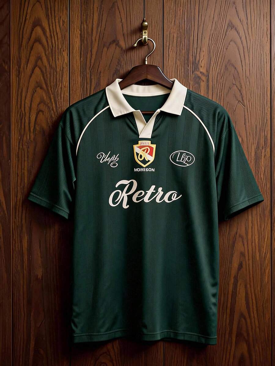 DAZY Men's Short Sleeve Raglan Design Green Striped Contrast Collar Sports Style World Cup Print T-Shirt Summer Graphic Tees Men - Army Green - View 1