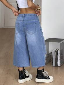 Coolane Women's Summer Streetwear Grunge Y2k Back-To-School Casual Vintage Cotton Wash Low Waist Denim Shorts Bermuda Capri Jeans Ripped Night Out Aqua Blue - Light Wash - View 5