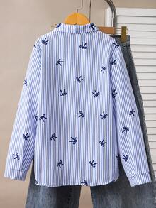 SHEIN Explorewe 少女休閒學院風直條紋滿版蝴蝶結印花前開鈕扣長袖襯衫上衣，適合學校、春秋日常穿著 - 藍色 - 查看 2