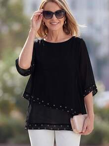 EMERY ROSE Casual Polka-Dot Print Crew-Neck Shirt For Middle-Aged And Older Women - Black - View 2
