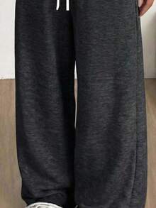 SHEIN 少女宽松休闲简约舒适中腰撞色抽绳装饰运动裤，秋冬季 - 深灰色 - 查看 4