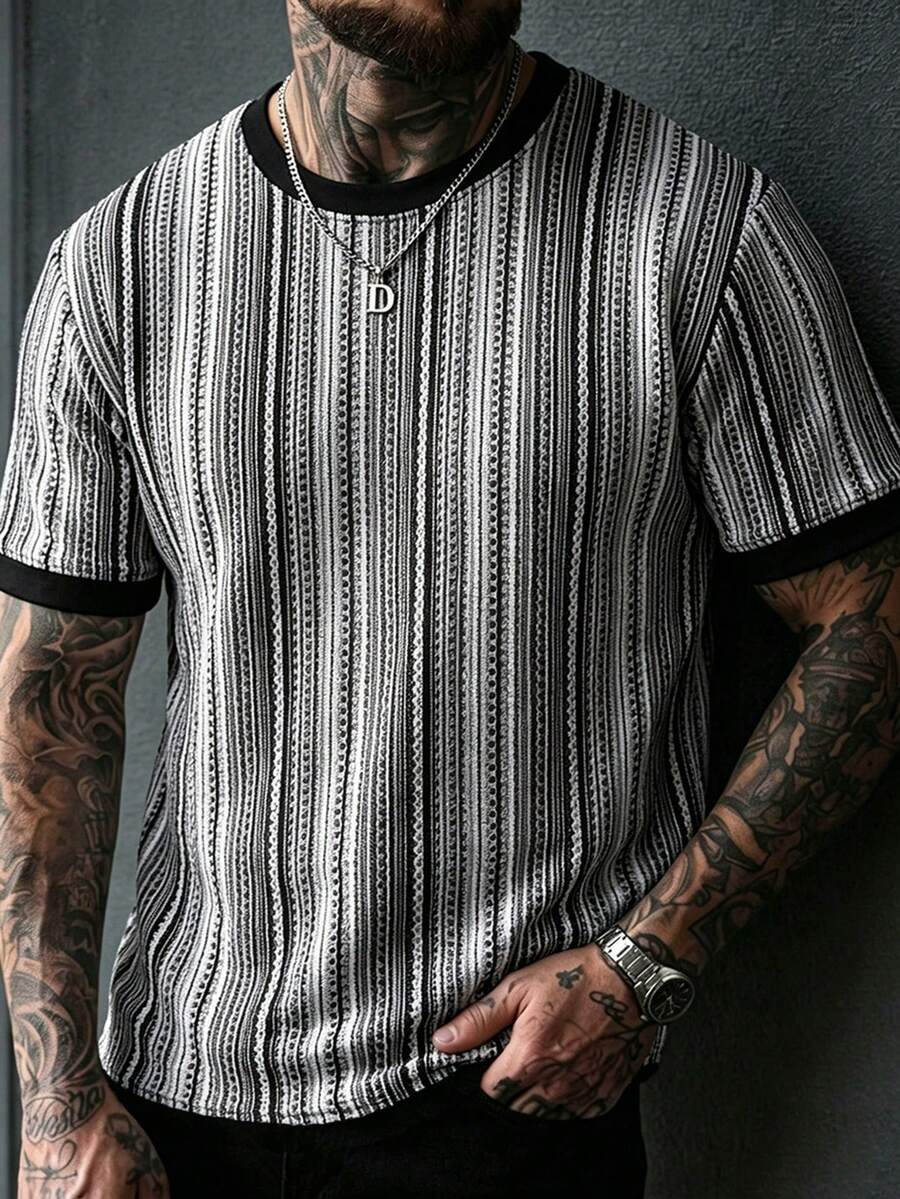 EGENSIO Men's Fashionable Versatile Striped Contrast Color Short Sleeve Crew Neck T-Shirt, Holiday - Black - View 1