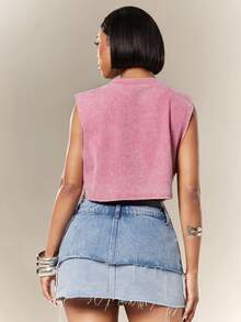 Denimoi Rhinestone Cross Charms Cropped Low Armhole Tank Top, Fashionable, Crop Top - Pink - View 3