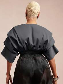 Vixey Solid Color Woven Pleated Structure Sleeve Cinched Waist Top, Work Office Top, Summer/Spring - Grey - View 5