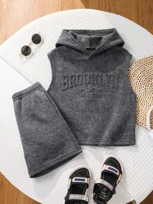 SHEIN Little Byeori 2件組兒童青少年男孩休閒連帽落肩袖抓絨T恤與短褲套裝，適合秋季、夏季出遊、返校、運動、派對、家庭聚會 - 灰色 - 查看 3