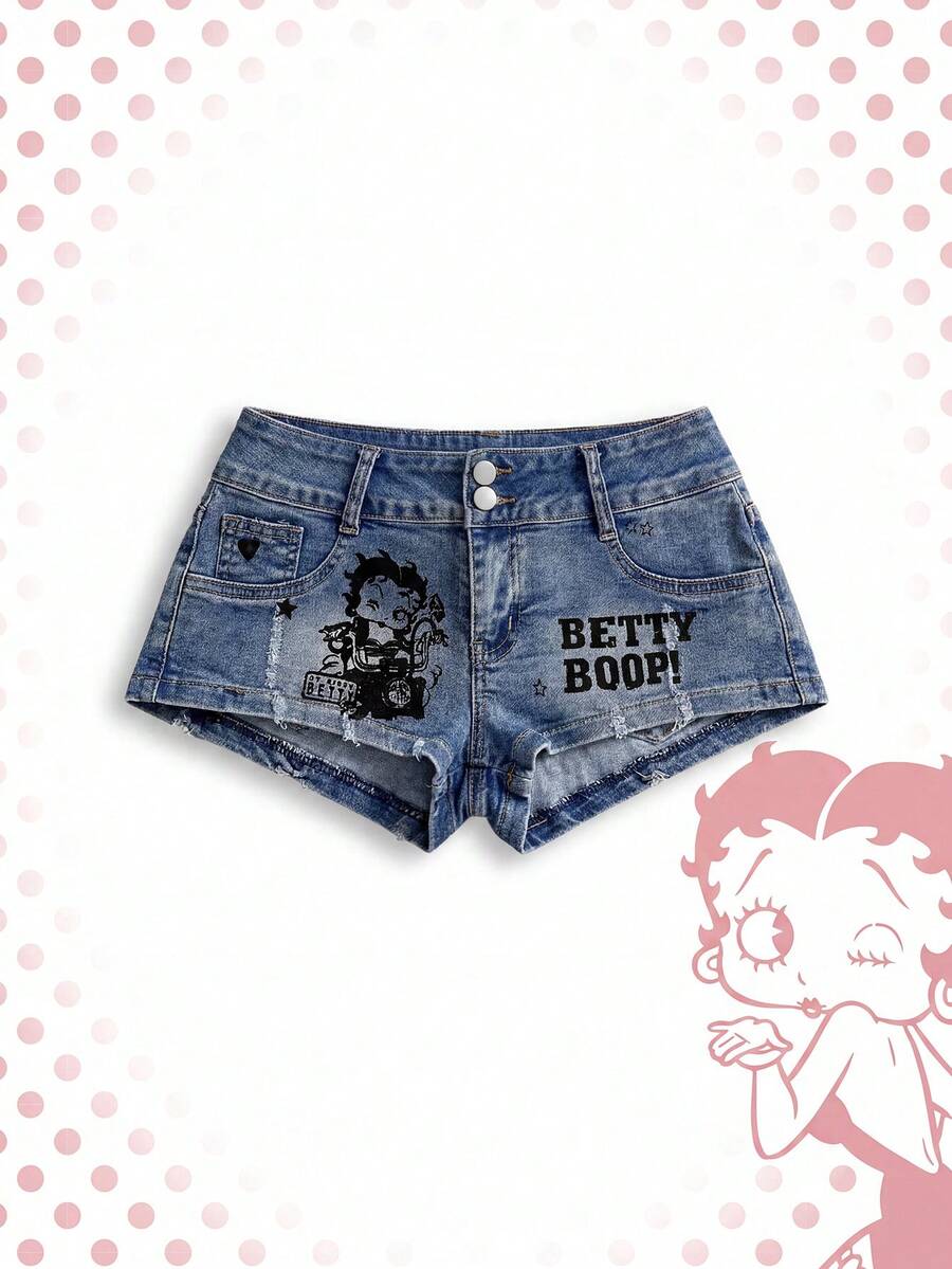 Betty Boop | ROMWE 春夏 Y2K 熱辣女孩聯名復古機車印花超低腰迷你牛仔短褲 - 藍色 - 查看 1