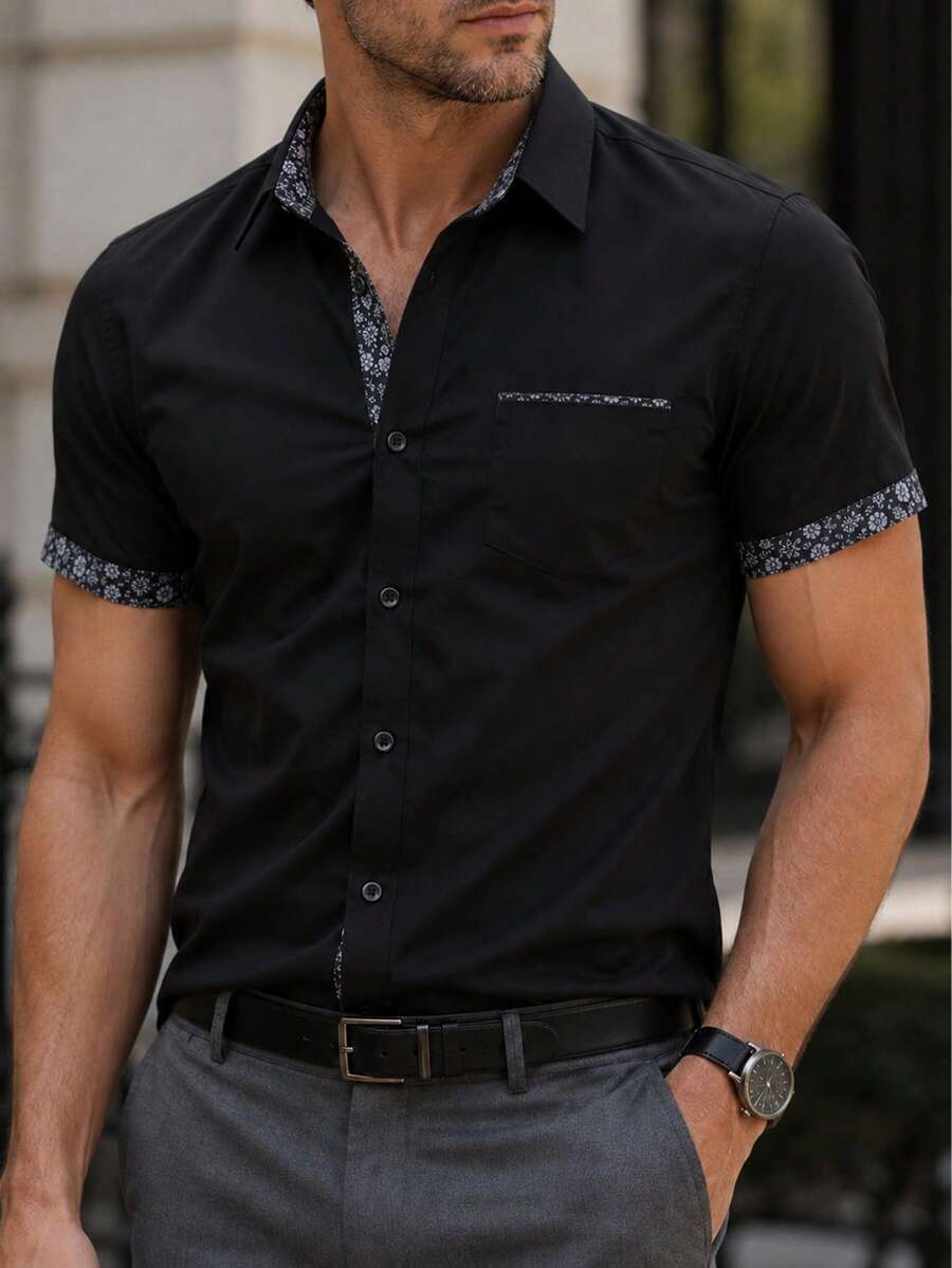 Manfinity Mode Men's Business Casual Dark Color Pocket Design Patchwork Short Sleeve Shirt - Black - View 1