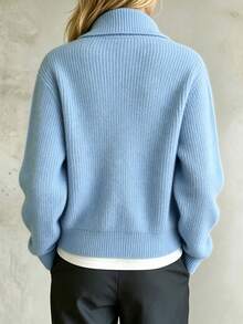 Balvessa Women's Solid Color Stand Collar Casual Versatile Daily Long Sleeve Sweater - Blue - View 3