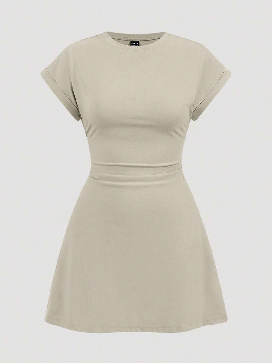 SHEIN BASICS Casual Solid Color Knit Crew Neck Short Sleeve Mini Dress For Women,Summer Dresses For Women