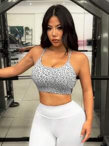 SHEIN Sports 女款豹紋休閒日常運動細肩帶內衣 - 白色 - 查看 5