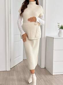 SHEIN Maternity Solid Color Stand Collar Knotted Waist Knit Top And Adjustable Waist Knit Skirt Set Winter - Apricot - View 3