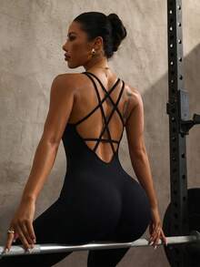 Slayform Slayform Women's Solid Color Back Criss-Cross Design Sleeveless Athletic Romper Shorts - Black - View 5