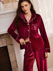Moireta Contrast Trim Patch Pocket Long Sleeve Top & Pants Fluffy Pajama Set, Velvet Lounge Set, Fall Winter Clothes, Cozy - Burgundy - View 5